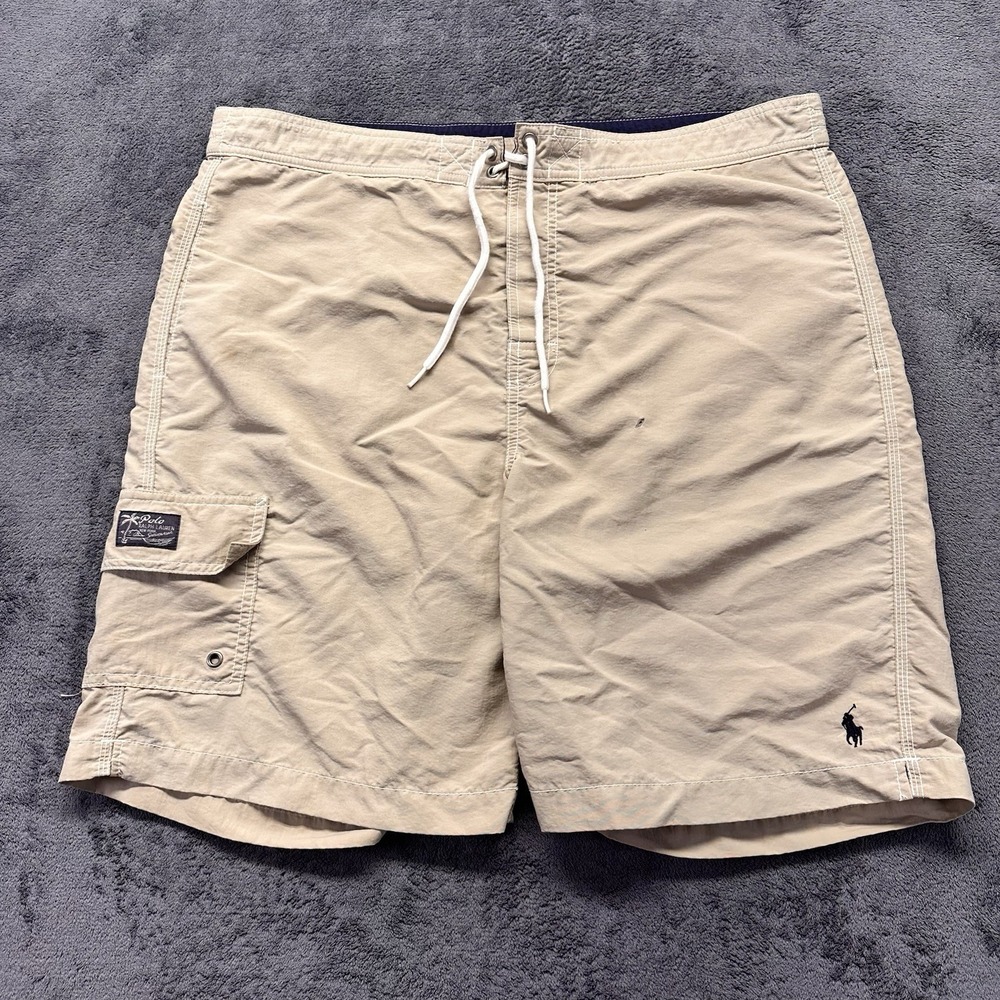 Polo Ralph Lauren Kailua Swim Trunks Mens Large Tan 100% Nylon Cargo Pocket Y2K